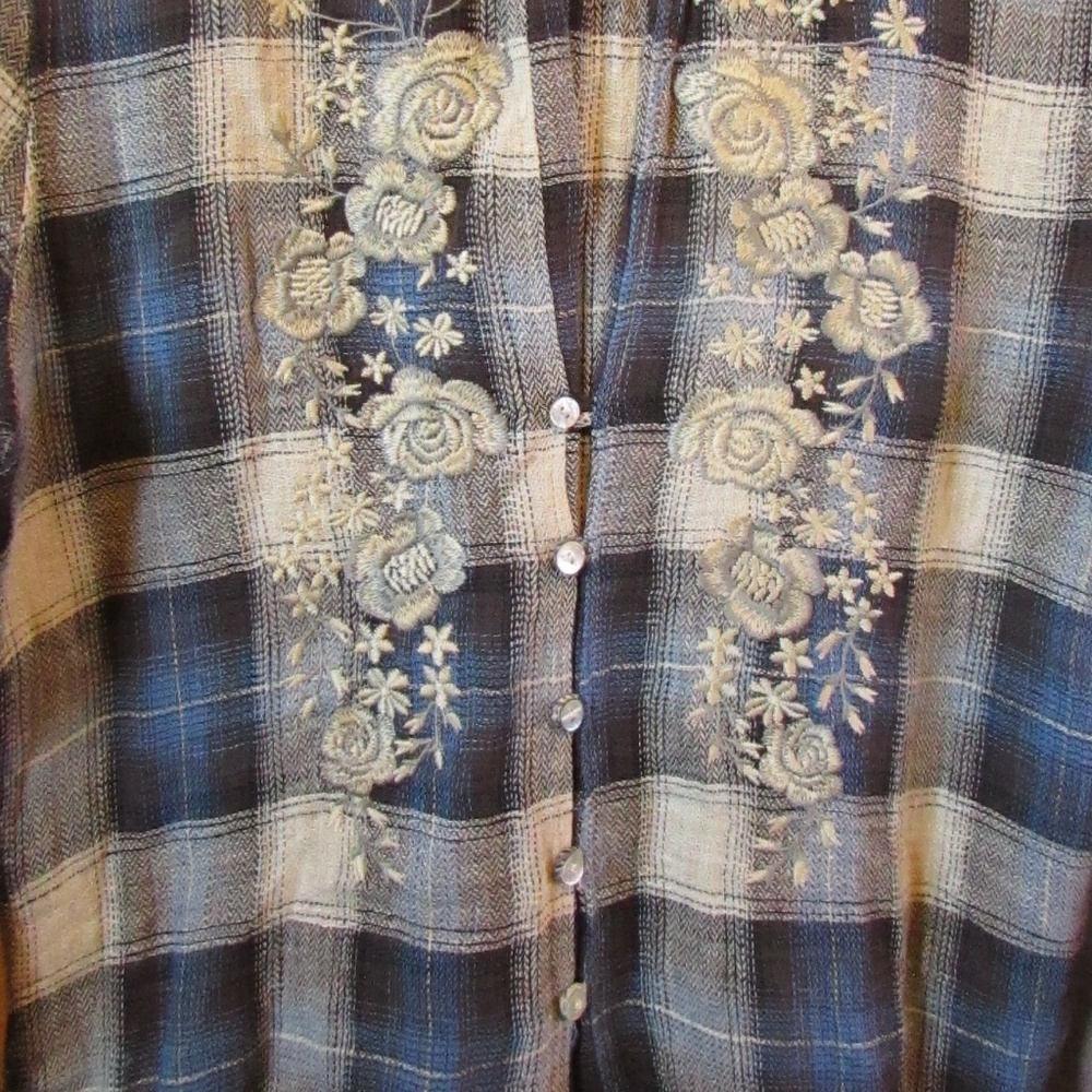 Paparazzi Blue Plaid Button Down Shirt with Embroidery - Picture 7 of 7